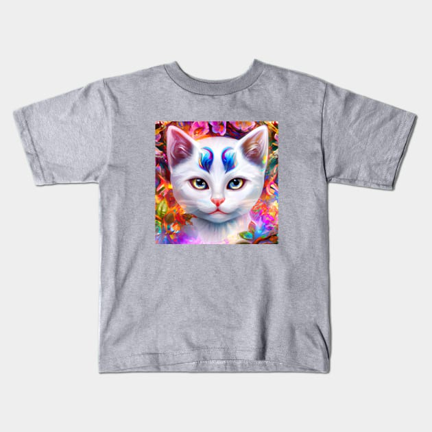 White Fantasy Cat Kids T-Shirt by AnnieDreams